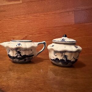 Delft Blue and White Ceramic Sugar and Creamer Set